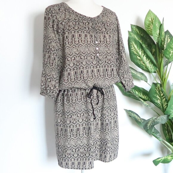 Maison Scotch Black & Cream Print Scoop Neck 3/4 Sleeve Drawstring Mini Dress 8 - Picture 4 of 13